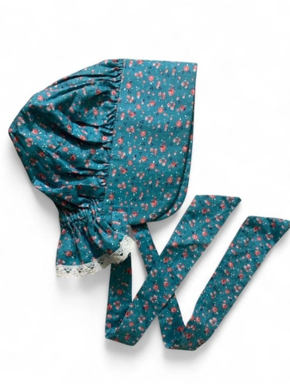 Handmade Blue and Pink Floral Women’s Bonnet w/Lace Trim Cottagecore Prairie